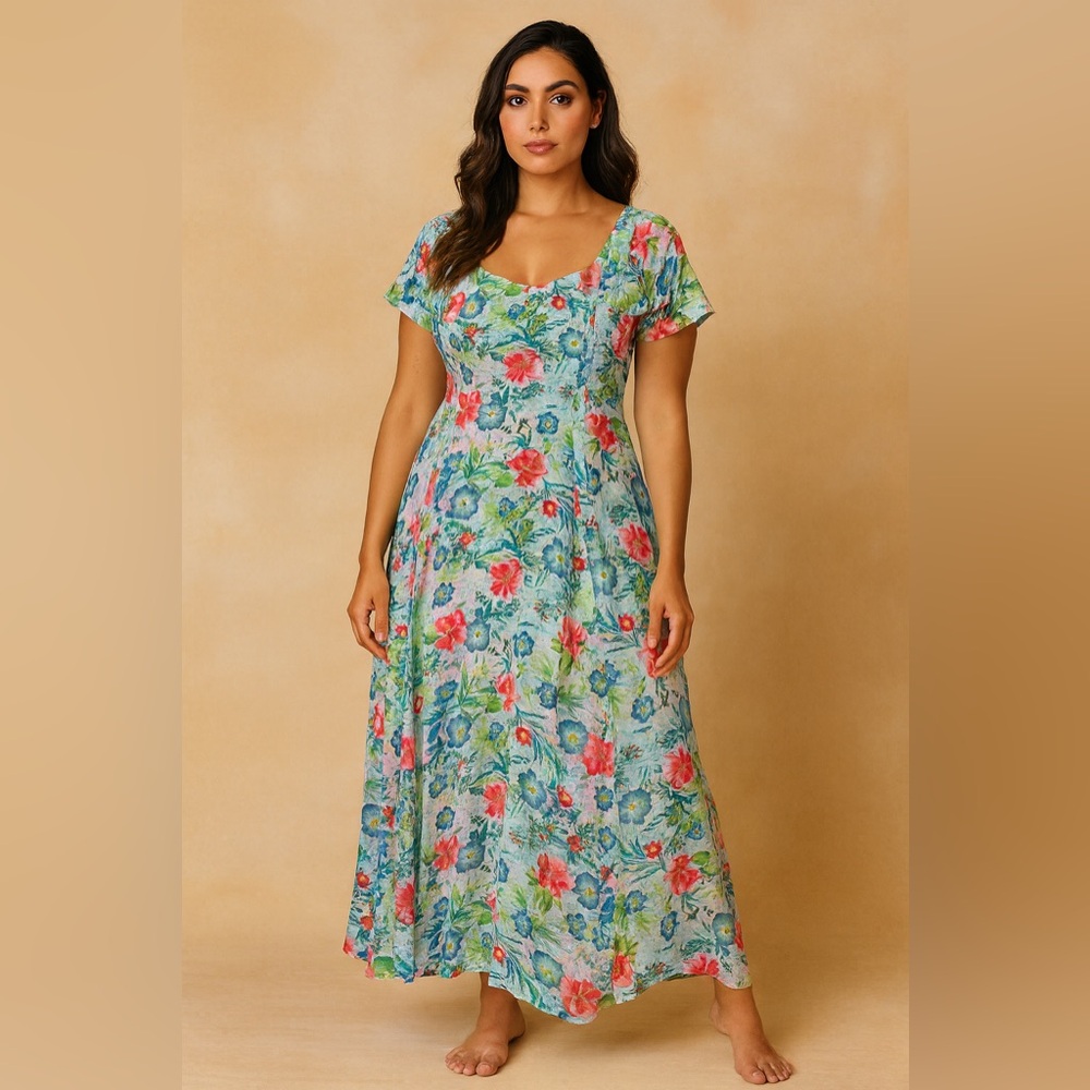 Jams World Vintage Floral Maxi Dress Tropical Hawaiian Size Medium